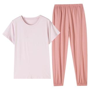 顶呱呱短袖长裤睡衣女夏季空调房运动束脚家居服套头纯棉收口睡裤