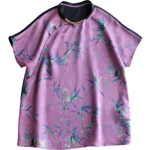 云澍原创 花罗香云纱拼接素绉缎新中式小立领盘扣短袖T恤上衣女夏