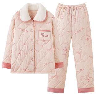 浪莎三层夹棉睡衣女款冬季加厚加绒保暖冬天纯棉可外穿家居服套装