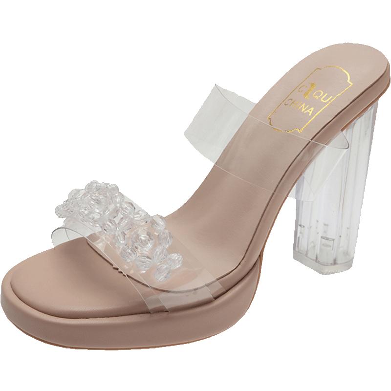 透明高跟凉鞋女夏季女鞋法式水晶粗跟小众高级感水钻凉拖鞋女外穿