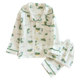 儿童春夏薄款翻领纯棉纱布泡泡棉纱男童恐龙全棉睡衣套春秋家居服