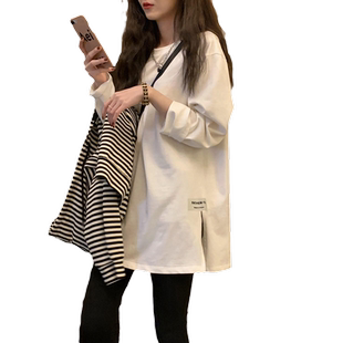 开叉内搭长袖t恤女纯棉大白体桖打底衫中长款上衣宽松春秋冬薄款