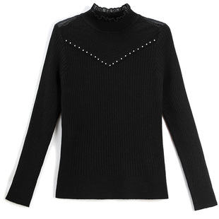 黑色毛衣女2025新款秋冬木耳边蕾丝上衣配大衣半高领打底针织衫女