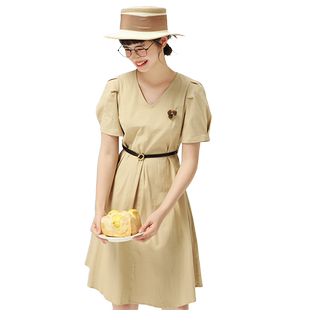 紫涵a摆短款连衣裙夏季新款女纯色v领裙子森系文艺中长裙休闲百搭