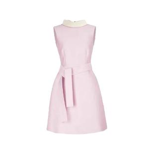 黄杨钿甜同款粉色花苞连衣裙女赫本风撞色翻领蝴蝶结系带礼服裙