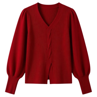 秋冬胖mm毛衣大码女红色泡泡袖高级感v领打底针织衫宽松显瘦上衣