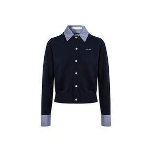 白鹿同款 Kroche  羊毛混纺 格纹翻领拼接假两件针织开衫