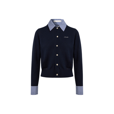 羊毛混纺格纹拼接假两件针织开衫