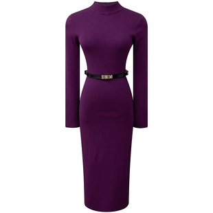 巨好看的紫色弹力针织修身连衣裙冬季新款气质半高领内搭打底裙女