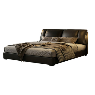 意式极简真皮床现代简约1米8主卧软包实木床高端大气黑色储物婚床