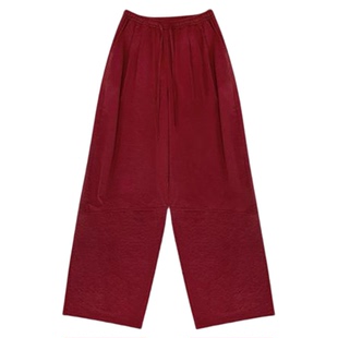 红色美式速干阔腿裤女款春季新品高腰宽松休闲裤工装直筒运动裤子