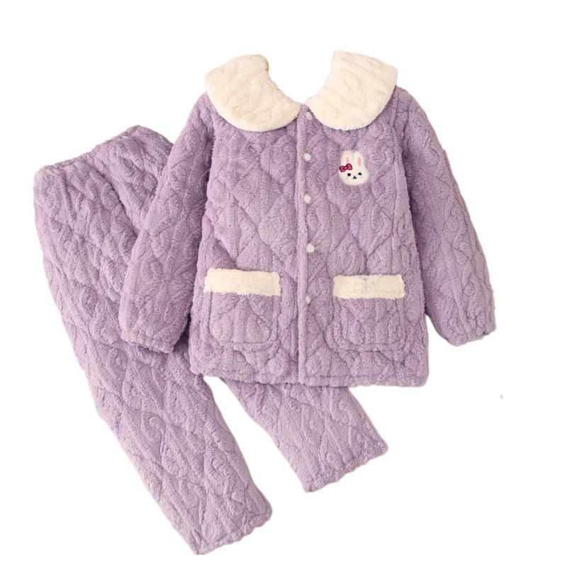 冬季拉链睡衣女珊瑚绒三层夹棉加厚保暖加绒棉袄法兰绒家居服套装