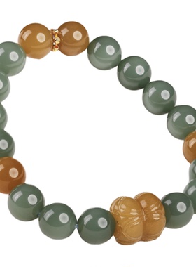 18K金天然和田玉并蒂莲手串女款