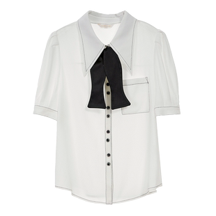 SOMSOM/索玛白色带领带短袖衬衫女夏季学院风减龄正肩衬衣上衣薄