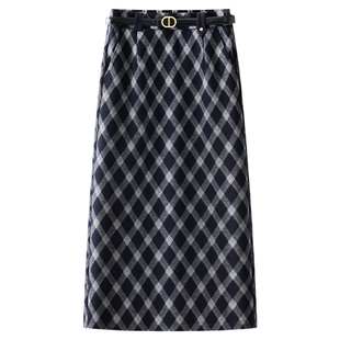 复古格子毛呢半身裙女2026春秋新款高腰显瘦中长款开叉包臀一步裙