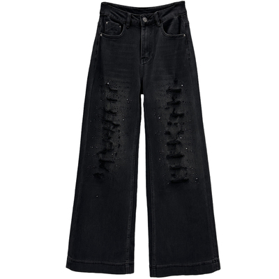 假破洞烫钻牛仔长裤女秋季阔腿裤