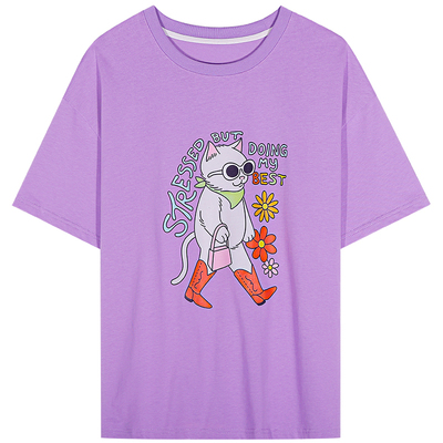 落落狷介紫色印花短袖T恤女