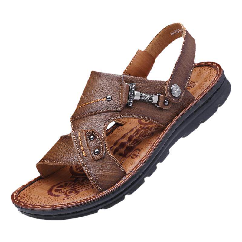 老人头男士凉鞋2026新款沙滩鞋青年头层牛皮厚底防滑两用拖鞋男鞋