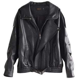 海宁新款杨树林同款真皮皮衣女短款宽松显瘦绵羊皮机车皮夹克外套