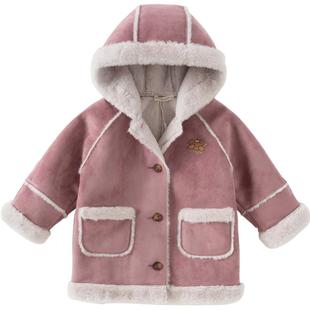 戴维贝拉儿童加绒外套女童冬装新款连帽上衣女宝宝麂皮绒开衫童装