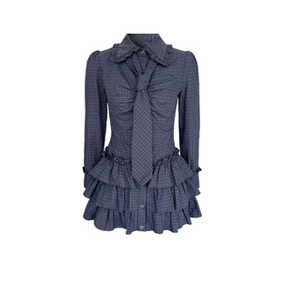 Narratorgirls复古学院藏蓝色格纹领带收腰衬衫裙蛋糕长袖连衣裙