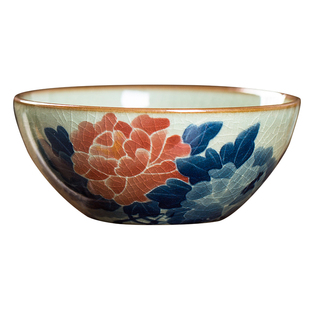 景德镇柴窑青花普洱杯 手绘牡丹老泥茶杯 内外画裂纹釉陶瓷主人杯