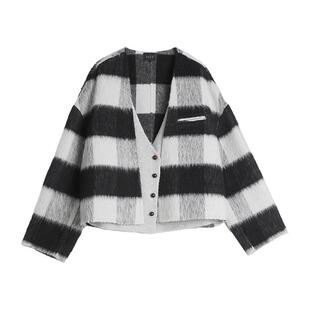 ELLE混纺格纹短款双面呢大衣女绵羊毛2025冬季新款拼接毛呢外套