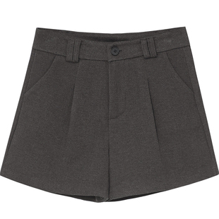 高腰毛呢阔腿短裤女复古简约百搭宽松显瘦内衬呢子外穿A字休闲裤