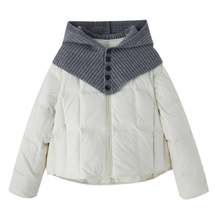 可拆卸针织连帽短款羽绒服女2025冬季新款加厚保暖泡芙白鸭绒外套