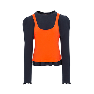 COZYDOLL美式复古泡泡袖解构撞色宽松慵懒背心两件套宽肩长袖T恤