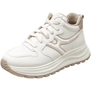 意尔康女鞋2025冬季新款加绒保暖运动休闲皮鞋高帮厚底小白鞋软底