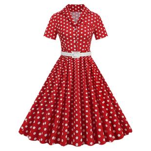 赫本气质复古派对显瘦年代感翻领复古大摆短袖波点连衣裙表演度假