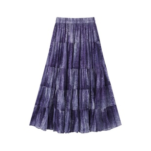 AOSER时尚印染高腰气质百搭紫色系裙子时尚波点半身裙印花女8812