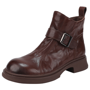 真皮复古切尔西靴女2026春季新款机车短靴皮带扣粗跟不累脚百搭靴