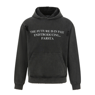 FARSTA标语印花重磅水洗黑Vintage做旧破坏连帽cleanfit卫衣情侣