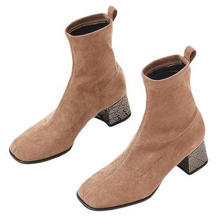 星期六弹力靴袜靴女秋冬新英伦风显瘦中粗跟瘦瘦靴SS24116545