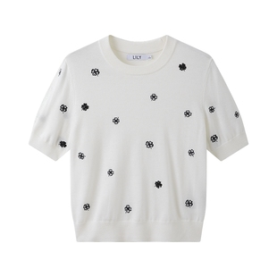 LILY2025新款女装含羊毛重工四叶草绣花气质通勤圆领短袖针织衫