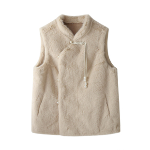 新中式水貂绒流苏珍珠扣马甲背心女冬装洋气叠穿坎肩环保皮草外套