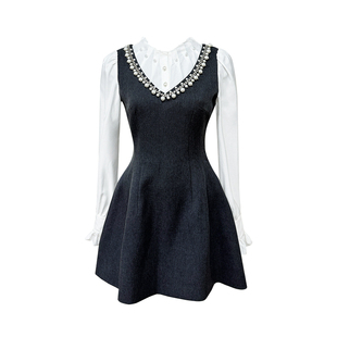 Lazy Didi曲线雕刻 手工钉珍珠A版连衣裙假两件泡泡袖高腰重工裙