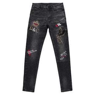 皇冠刺绣花牛仔裤男潮牌韩版修身小脚休闲百搭弹力黑色长裤子秋季