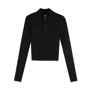 pusumede【现货7.5折】黑色半高领毛衣开衫女短款拉链针织上衣