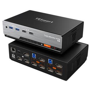 TESmart 二进三出KVM切换器DP1.4三屏电脑分配器8K60HZ高清共享USB3.0拓展坞千兆网络带EDID模拟器独立音频
