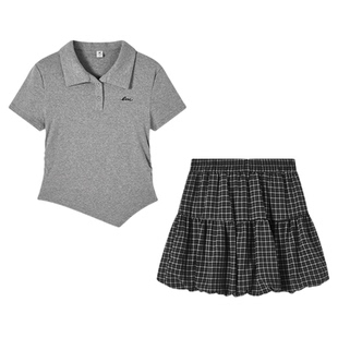 快鱼26年女士夏季学院风减龄气质上衣短裙套装格纹百搭洋气漂亮裙