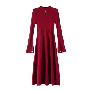 晚白2026年春新款时尚中国红立领针织裙修身显瘦优雅知性连衣裙