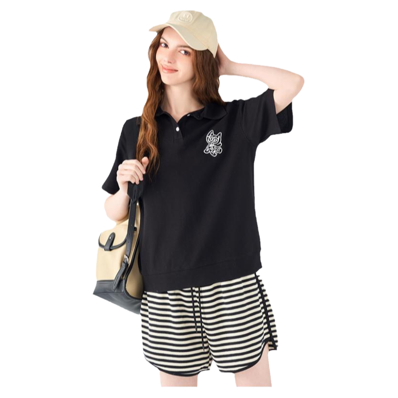 a02polo领黑色短袖T恤女2026新款夏季宽松显瘦遮肉设计感半袖夏装