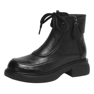 红蜻蜓妈妈鞋子短靴女款冬中老年舒适不累脚真皮加绒厚底马丁靴子