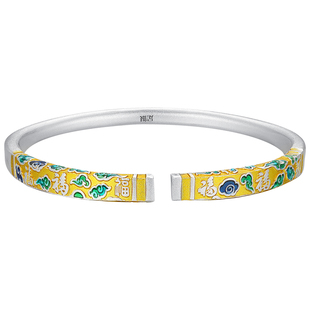 彩云泰足银9999祥云纹珐琅彩方条开口款手镯国风银镯子送女友礼物