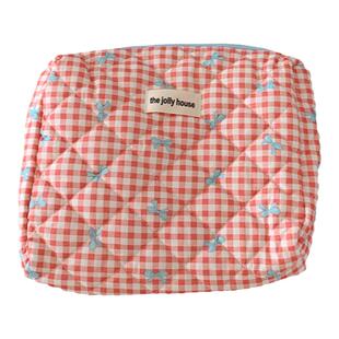 春日序曲!ins高颜值化妆包大容量女格子蝴蝶结便携式收纳洗漱包