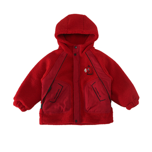 红色中国风过年服2025冬季新款男童新中式外套新年拜年服儿童唐装