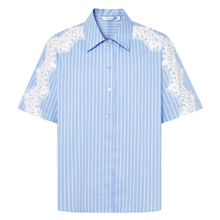 伊芙丽精致蕾丝拼接条纹短袖温柔淑女设计感衬衫2024秋装新款